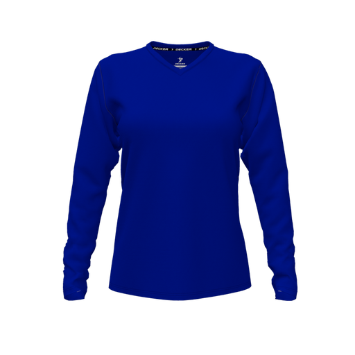 [CUS-DFW-TEES-CMF-VNK-LSL-RYL-FYXS-LOGO3] Decker Comfort T-Shirt (Female Youth XS, Royal, V Neck, Logo 3, Long Sleeve)